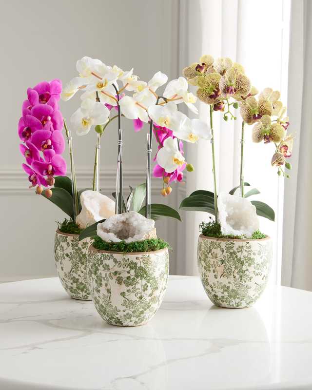 Double Orchid with Quartz 22" Faux Floral Arrangement in Ceramic Pot